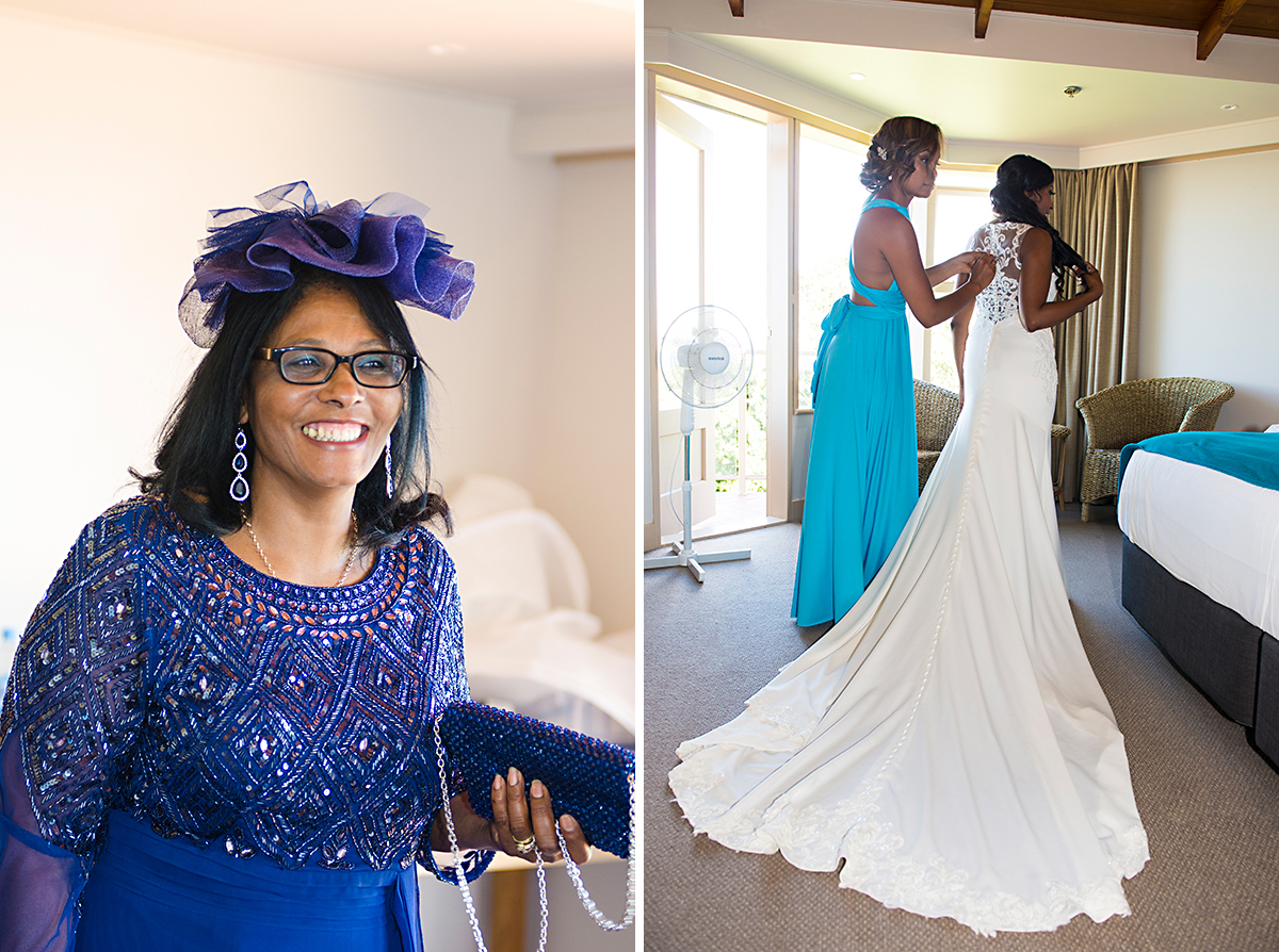 bride is putting on her dreess - wedding bay of islands paihia