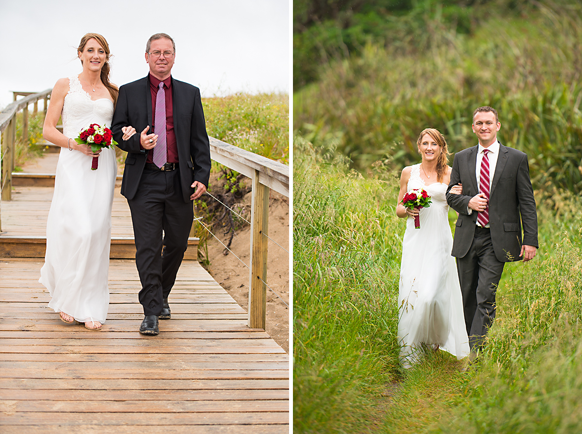 bride with her dad and with groom on Matapouri Bay NZ
