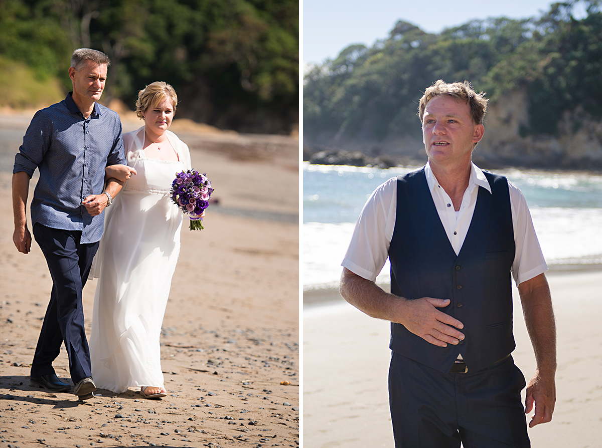 father taking bride to the groom beach wedding northland nz
