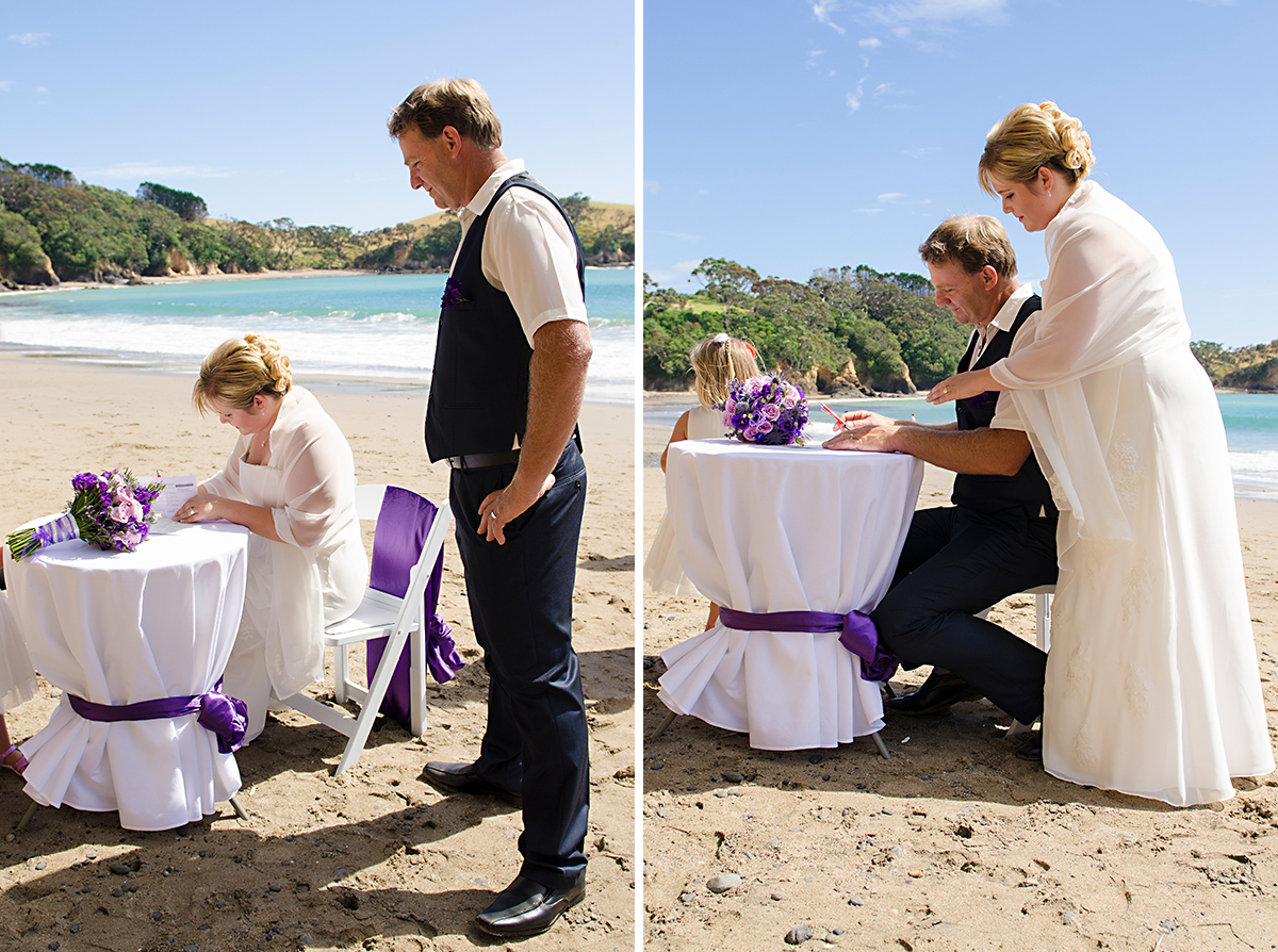 bride and groom signing wedding license