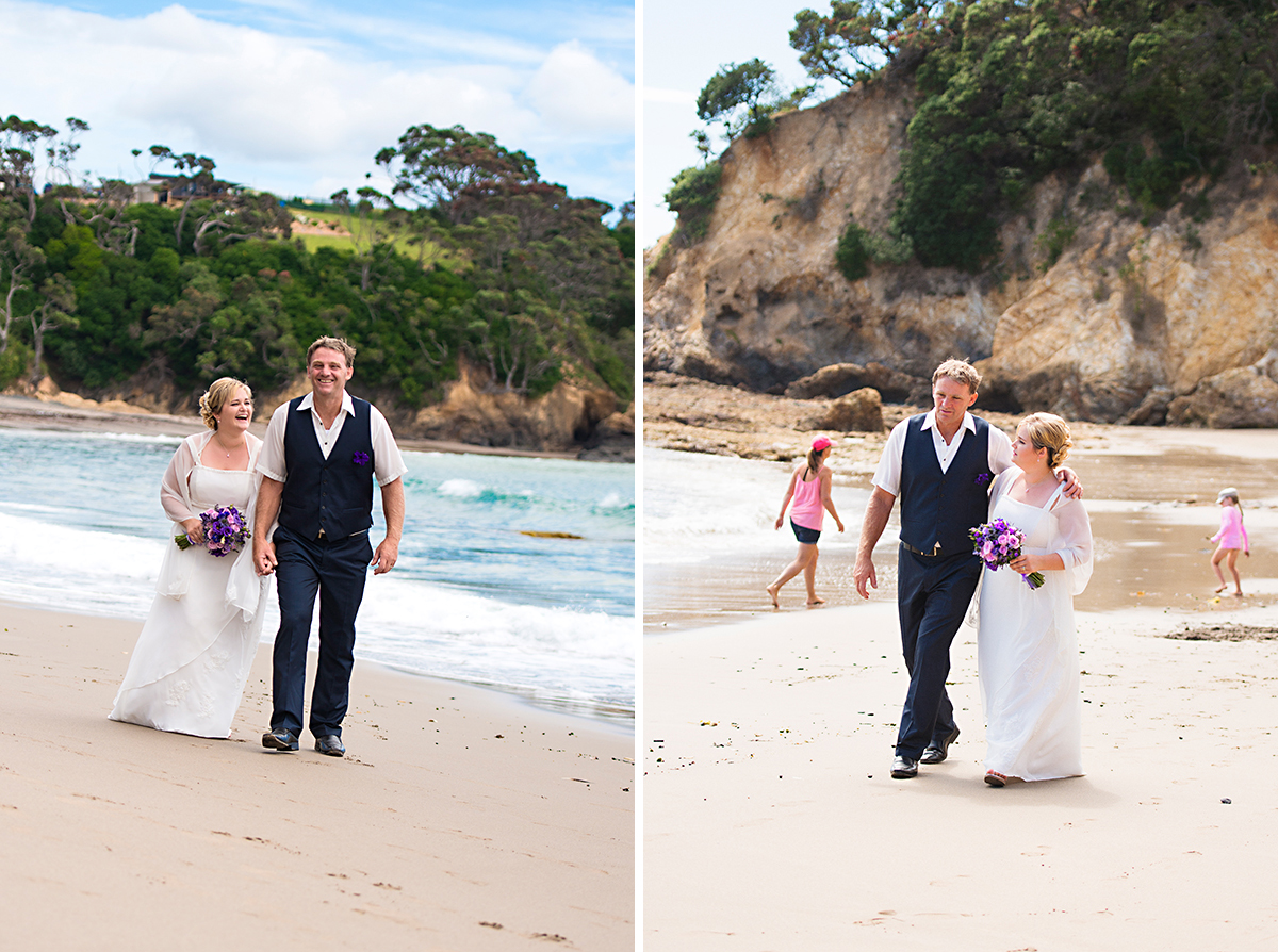bride and groom walking on the beach after wedding ceremony